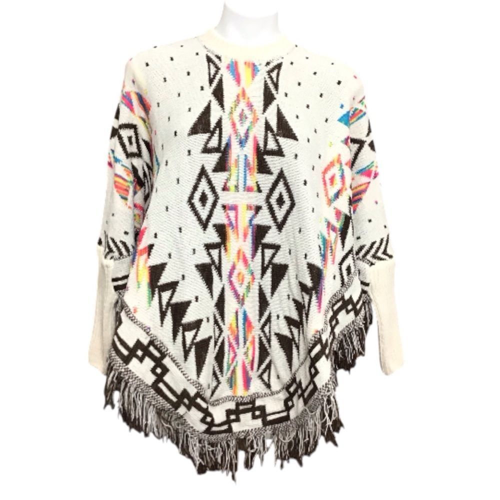 White Aztec Print Poncho Crew Neck Fringe Hem Pullover Sweater Size Small